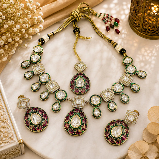 Kundan Polki Meenakari Oval Bib Necklace Set - Maroon Green | Antique Gold