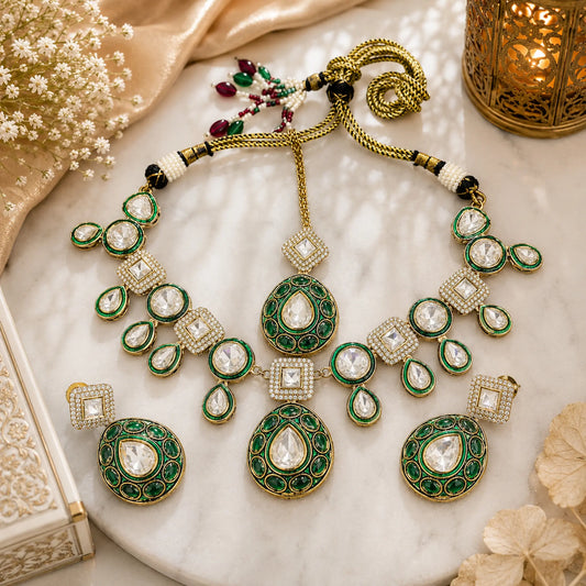 Kundan Polki Meenakari Oval Bib Necklace Set - Emerald Green | Antique Gold