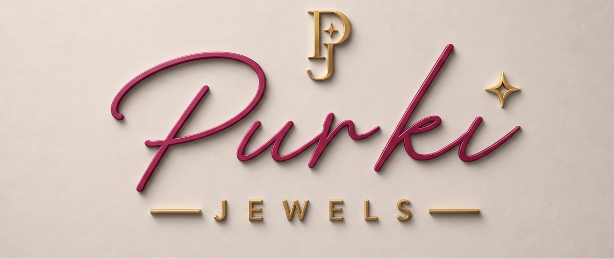 A 3D-rendered logo for 'Purki Jewels' featuring the brand name in elegant magenta cursive with gold shadows, a gold monogram 'P' above, and 'JEWELS' in gold block letters below, set against a textured light beige background.