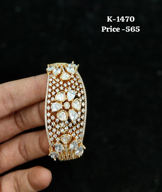 Polki and CZ Diamond-Studded Wide Gold Kada K-1470