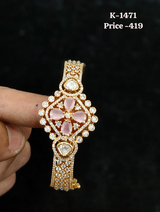 Rose Pink Floral Polki and CZ Open Kada K-1471
