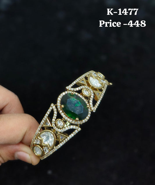 Emerald Green and Polki CZ Geometric Open Kada K-1477