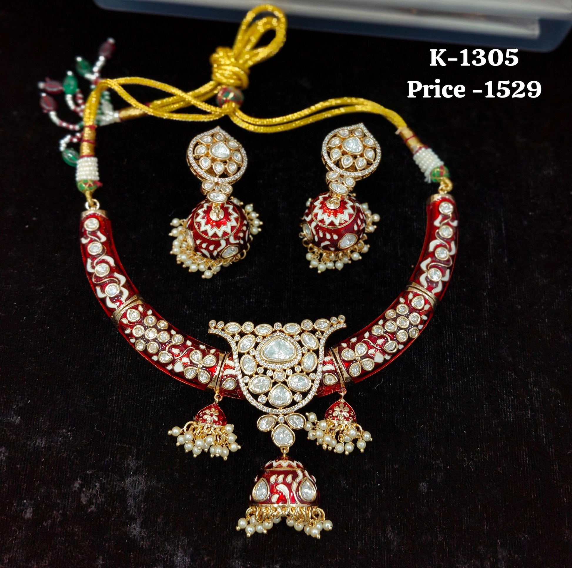 Red Meenakari and Polki CZ Bridal Choker Set with Jhumka Earrings K-1305