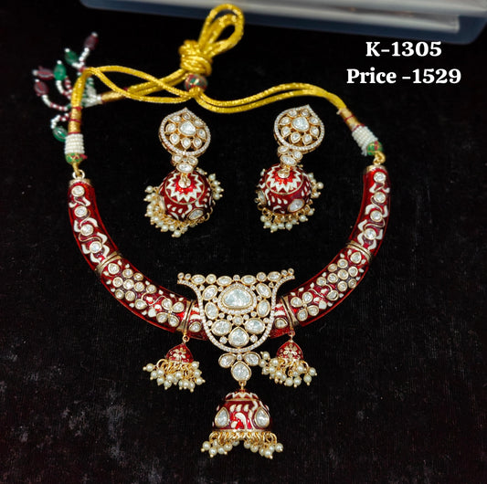 Red Meenakari and Polki CZ Bridal Choker Set with Jhumka Earrings K-1305