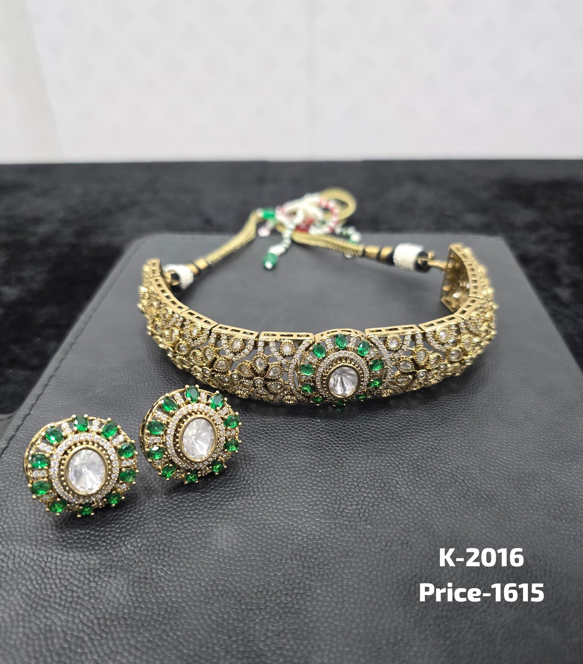 Antique Gold Polki and Emerald CZ Wide Choker Set K-2016 with stud earrings
