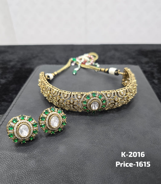 Antique Gold Polki and Emerald CZ Wide Choker Set K-2016 with stud earrings