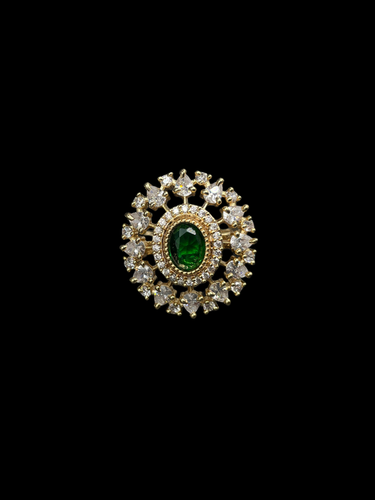 AD Oval Double Halo Statement Ring - Emerald Green | K Gold
