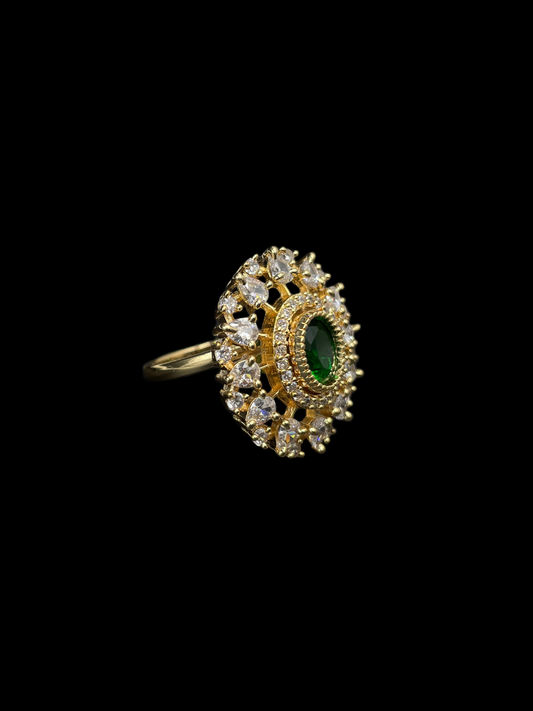 AD Oval Double Halo Statement Ring - Emerald Green | K Gold