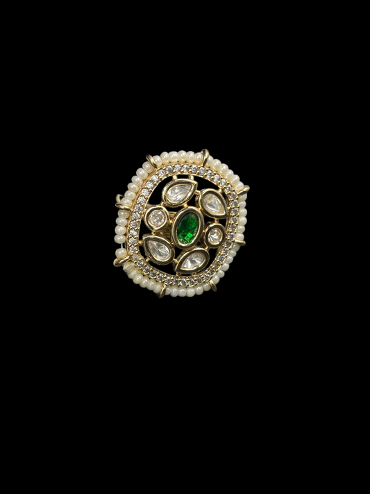 Kundan Polki Pearl Border Oval Cocktail Ring - Emerald Green | K Gold