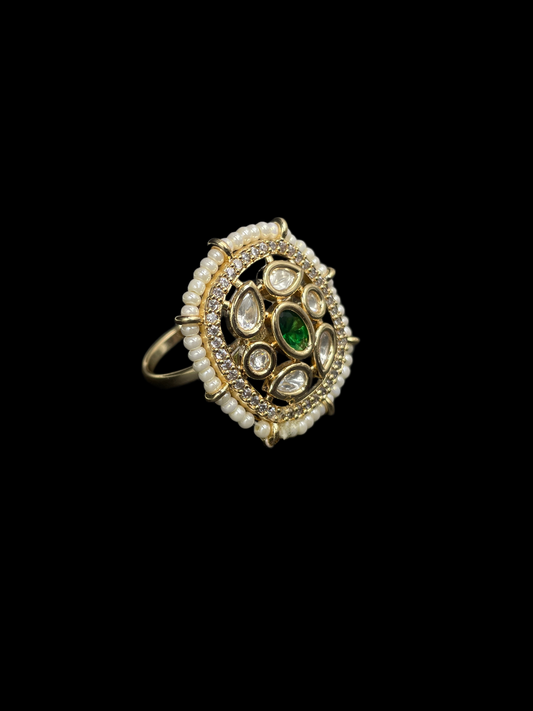 Kundan Polki Pearl Border Oval Cocktail Ring - Emerald Green | K Gold