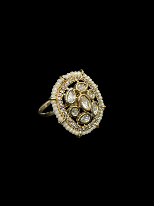 Kundan Polki Pearl Border Oval Cocktail Ring - White | K Gold