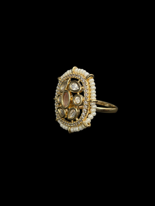 Kundan Polki Pearl Border Oval Cocktail Ring - Baby Pink | K Gold