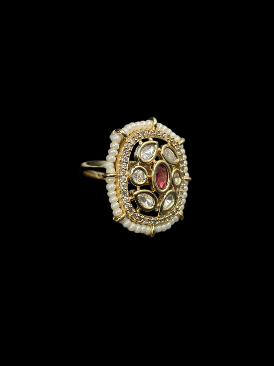 Kundan Polki Pearl Border Oval Cocktail Ring - Ruby Red | K Gold