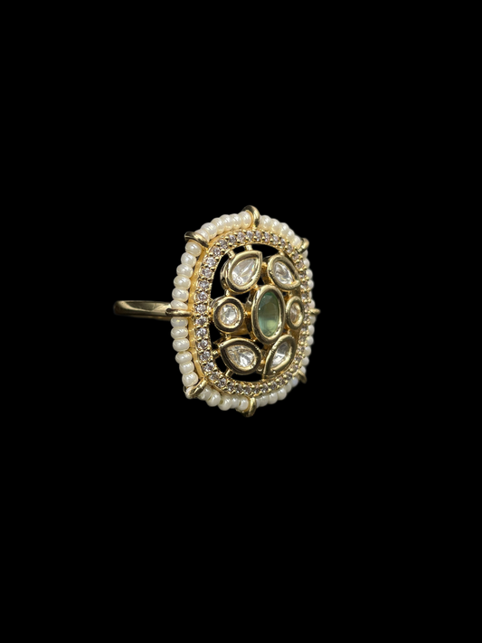 Kundan Polki Pearl Border Oval Cocktail Ring - Mint Green | K Gold