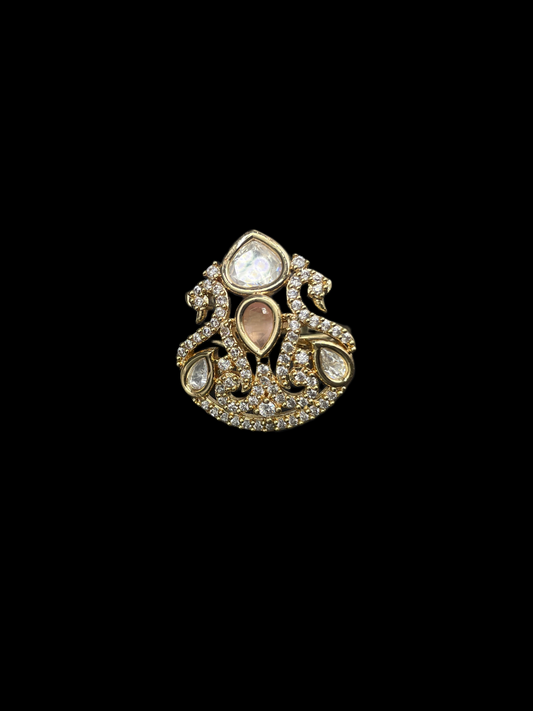 Kundan Polki Shield Crown Cocktail Ring - Baby Pink | K Gold