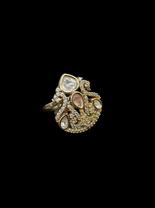 Kundan Polki Shield Crown Cocktail Ring - Baby Pink | K Gold