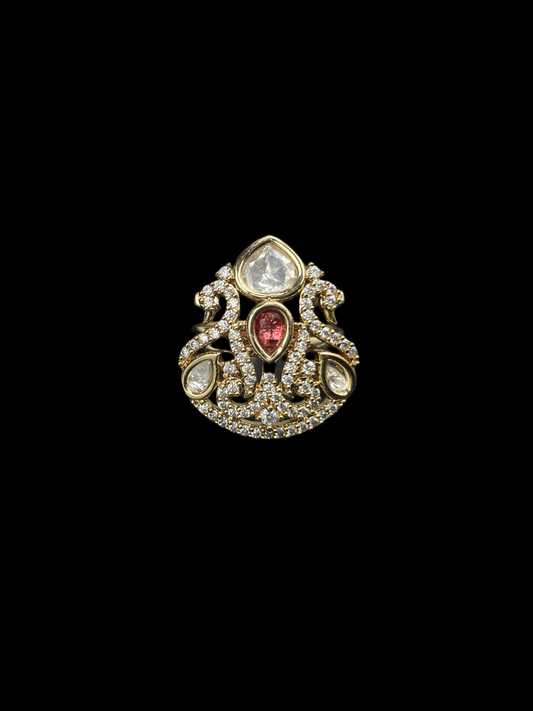 Kundan Polki Shield Crown Cocktail Ring - Ruby Red | K Gold