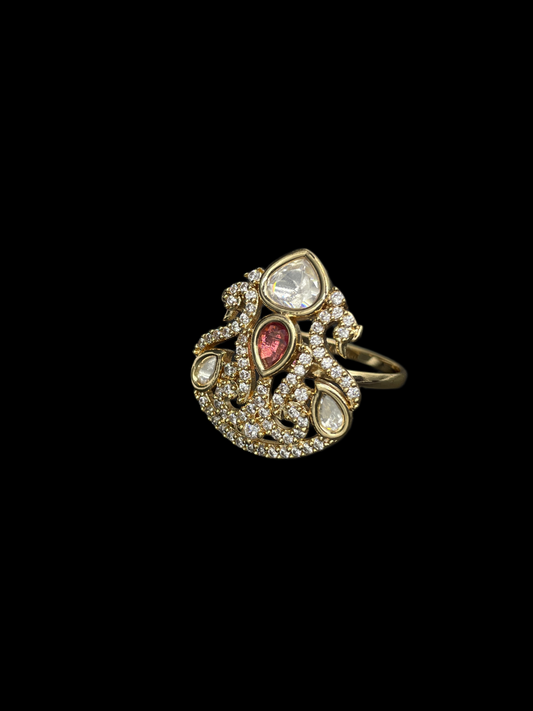 Kundan Polki Shield Crown Cocktail Ring - Ruby Red | K Gold