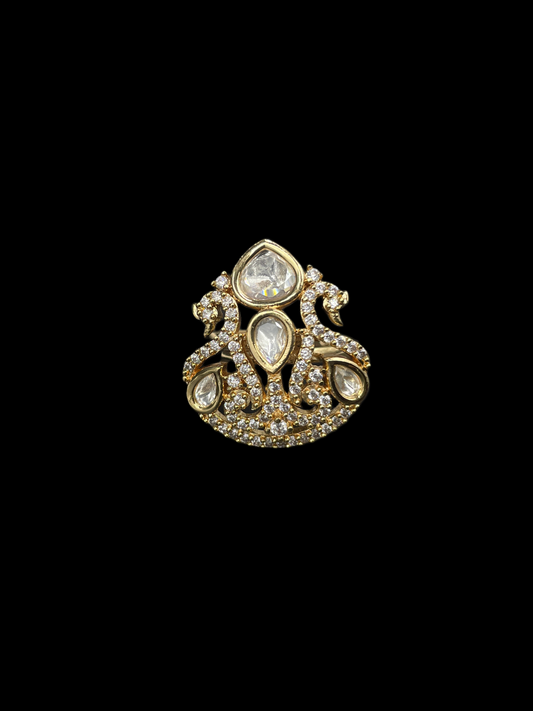 Kundan Polki Shield Crown Cocktail Ring - White | K Gold