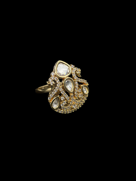 Kundan Polki Shield Crown Cocktail Ring - White | K Gold