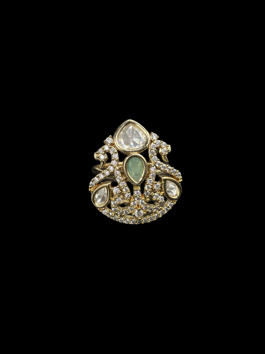 Kundan Polki Shield Crown Cocktail Ring - Mint Green | K Gold