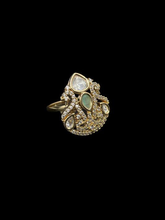 Kundan Polki Shield Crown Cocktail Ring - Mint Green | K Gold