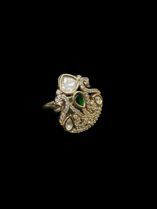 Kundan Polki Shield Crown Cocktail Ring - Emerald Green | K Gold