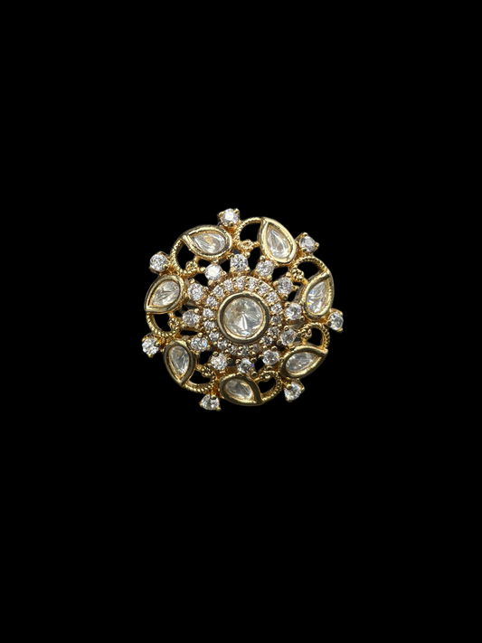Kundan Polki Open Lace Floral Cocktail Ring - White | K Gold