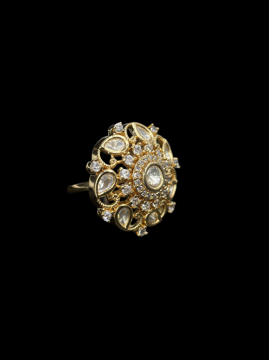 Kundan Polki Open Lace Floral Cocktail Ring - White | K Gold