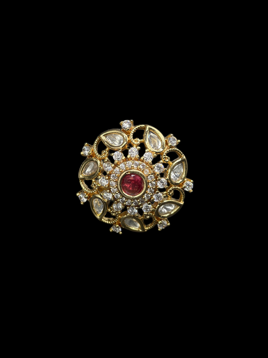 Kundan Polki Open Lace Floral Cocktail Ring - Ruby Red | K Gold