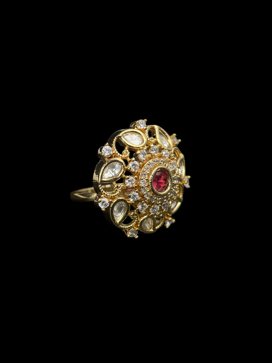 Kundan Polki Open Lace Floral Cocktail Ring - Ruby Red | K Gold