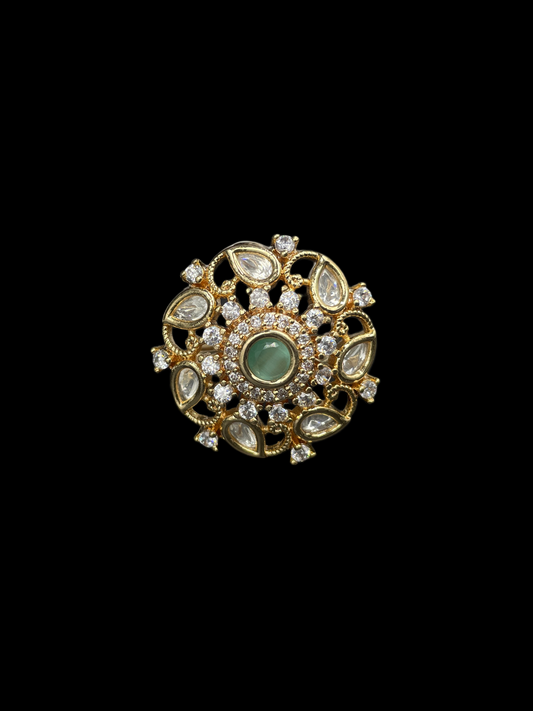 Kundan Polki Open Lace Floral Cocktail Ring - Mint Green | K Gold