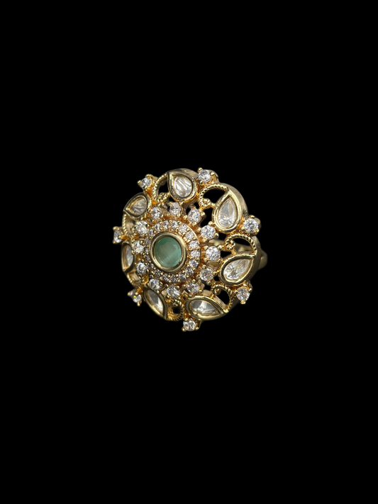 Kundan Polki Open Lace Floral Cocktail Ring - Mint Green | K Gold