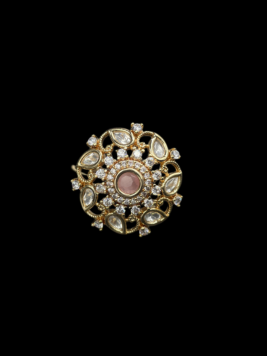 Kundan Polki Open Lace Floral Cocktail Ring - Baby Pink | K Gold