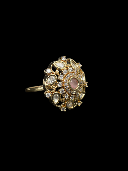 Kundan Polki Open Lace Floral Cocktail Ring - Baby Pink | K Gold