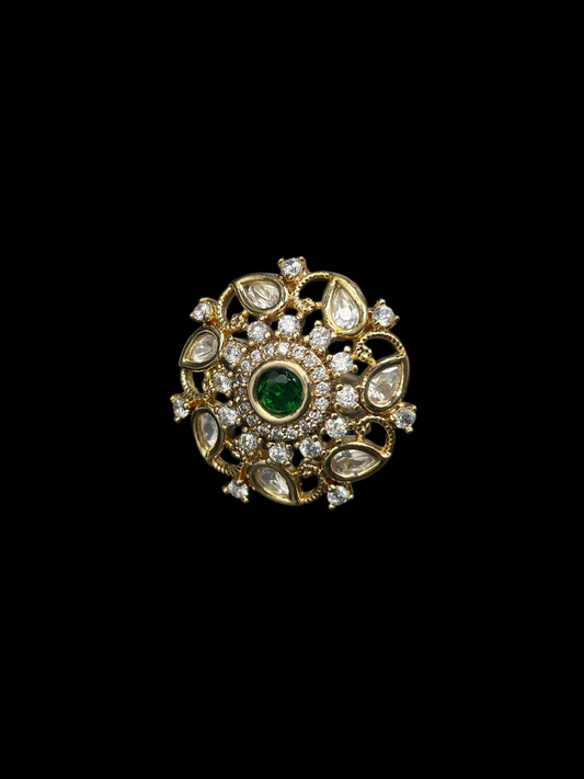 Kundan Polki Open Lace Floral Cocktail Ring - Emerald Green | K Gold