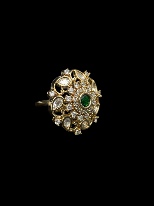 Kundan Polki Open Lace Floral Cocktail Ring - Emerald Green | K Gold