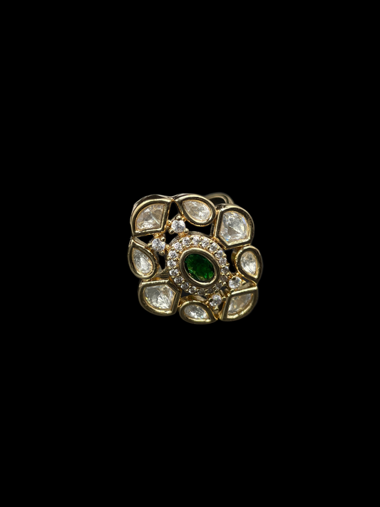 Kundan Polki Floral Cluster Cocktail Ring - Emerald Green | K Gold
