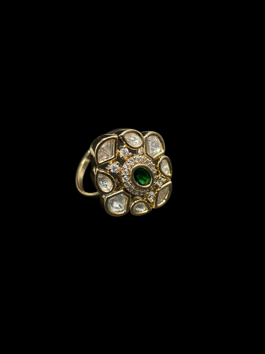 Kundan Polki Floral Cluster Cocktail Ring - Emerald Green | K Gold