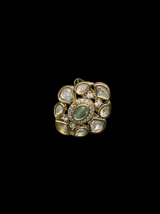 Kundan Polki Floral Cluster Cocktail Ring - Mint Green | K Gold