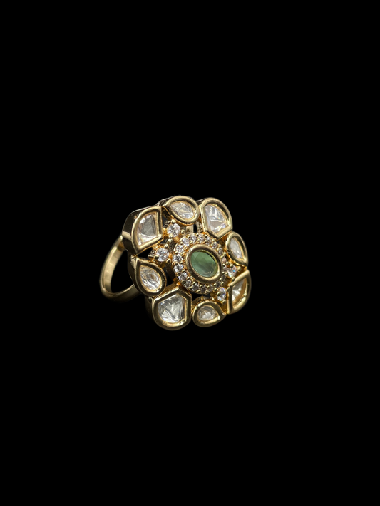 Kundan Polki Floral Cluster Cocktail Ring - Mint Green | K Gold