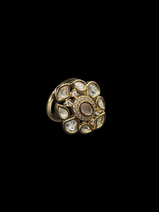 Kundan Polki Floral Cluster Cocktail Ring - Baby Pink | K Gold
