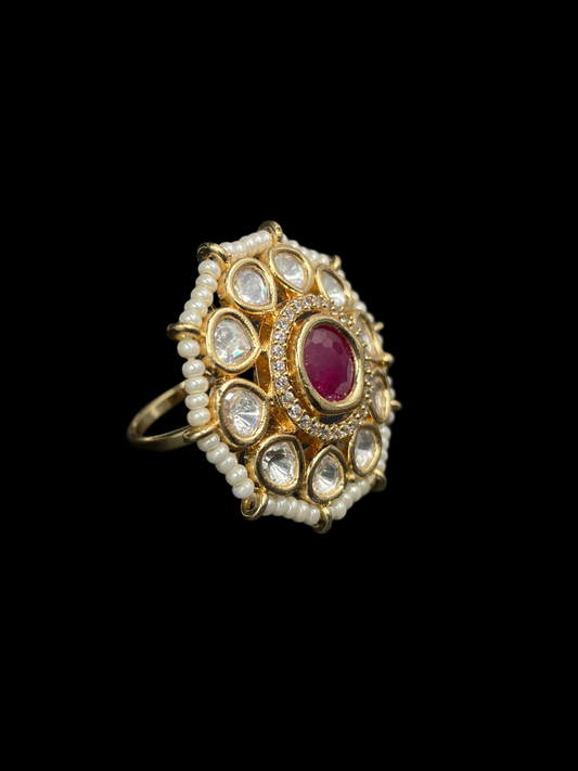 Kundan Polki Pearl Border Oval Cluster Cocktail Ring - Ruby Red | K Gold