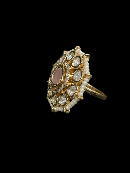 Kundan Polki Pearl Border Oval Cluster Cocktail Ring - Baby Pink | K Gold
