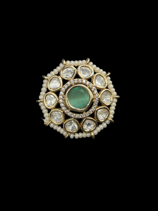 Kundan Polki Pearl Border Oval Cluster Cocktail Ring - Mint Green | K Gold