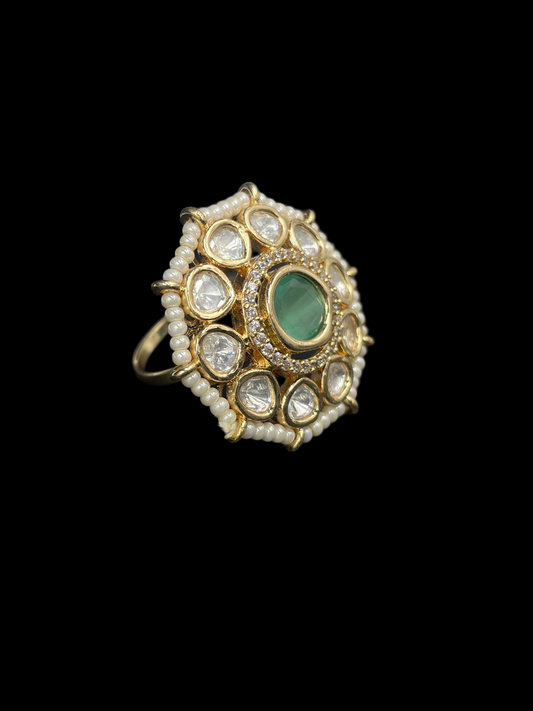 Kundan Polki Pearl Border Oval Cluster Cocktail Ring - Mint Green | K Gold