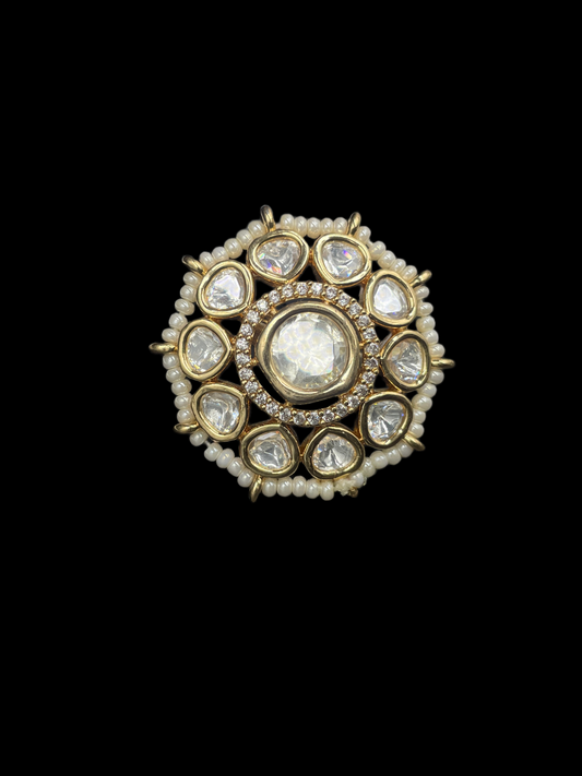 Kundan Polki Pearl Border Oval Cluster Cocktail Ring - White | K Gold