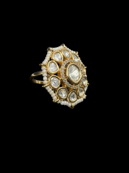 Kundan Polki Pearl Border Oval Cluster Cocktail Ring - White | K Gold