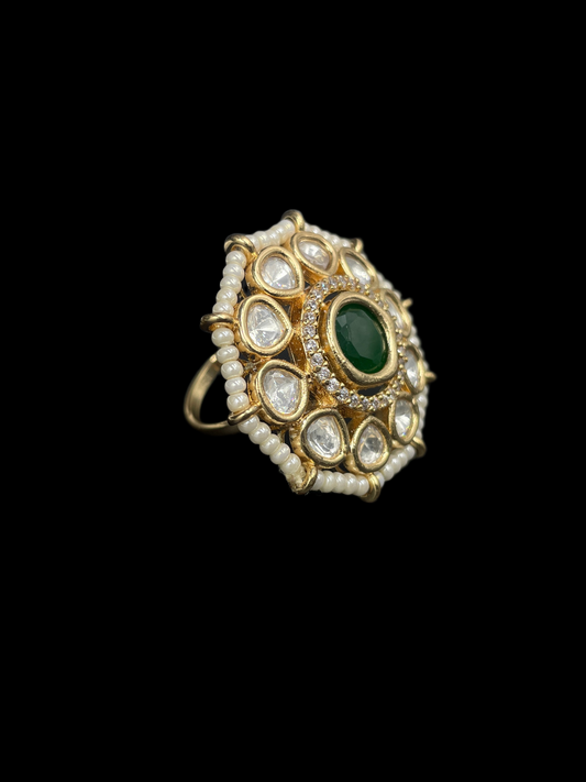 Kundan Polki Pearl Border Oval Cluster Cocktail Ring - Emerald Green | K Gold