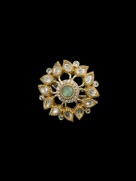 Kundan Polki Sunburst Statement Ring - Mint Green | K Gold